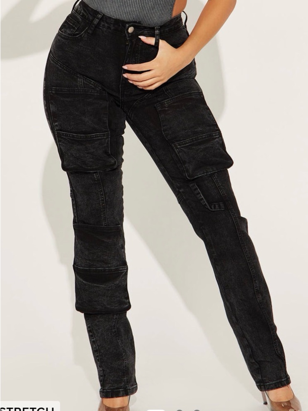 Fashion Nova Black Straight-Leg Stretch Black Wash Cargo Jeans Brand New Size15